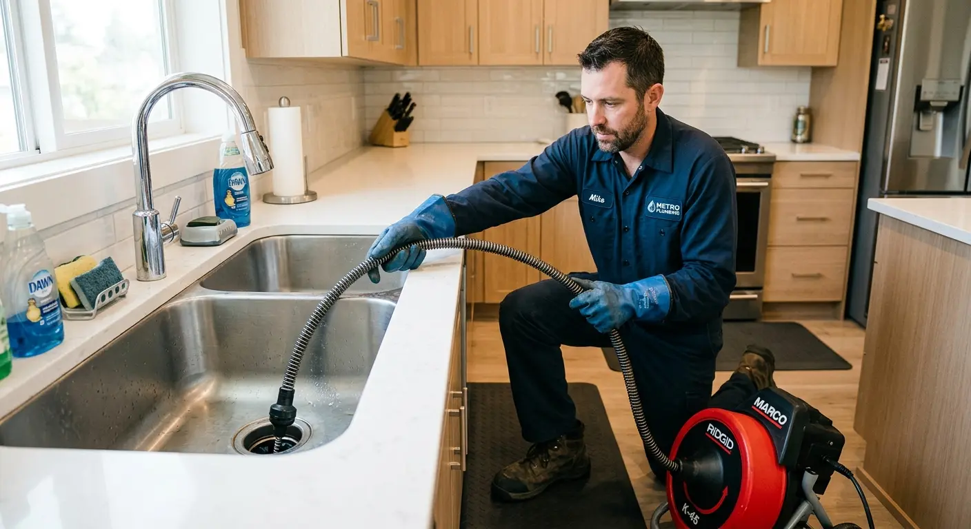Drain cleaning technician using a motorized snake on a kitchen sink in Farragut