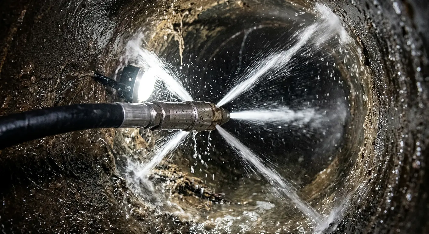 High-pressure hydro jetting nozzle cleaning sewer pipe for Sewer Cleanout in Farragut