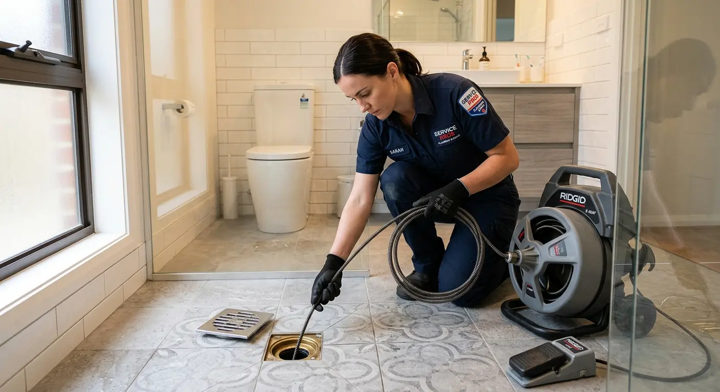 Technician clearing a bathroom floor drain for Sewer Line Replacement in Farragut
